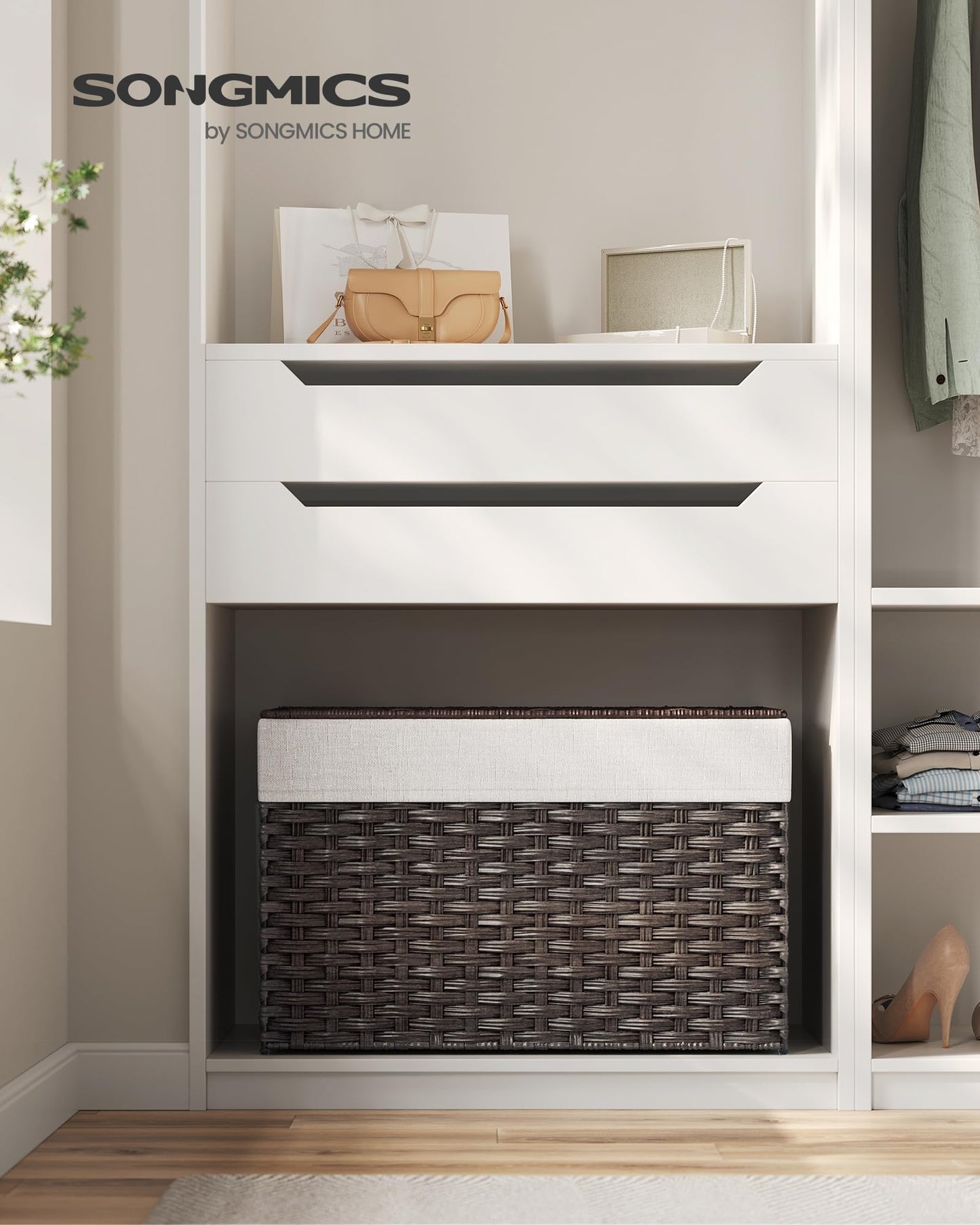 SONGMICS Storage Basket with Lid, Woven Blanket Storage Bin with Handles, Foldable, Removable