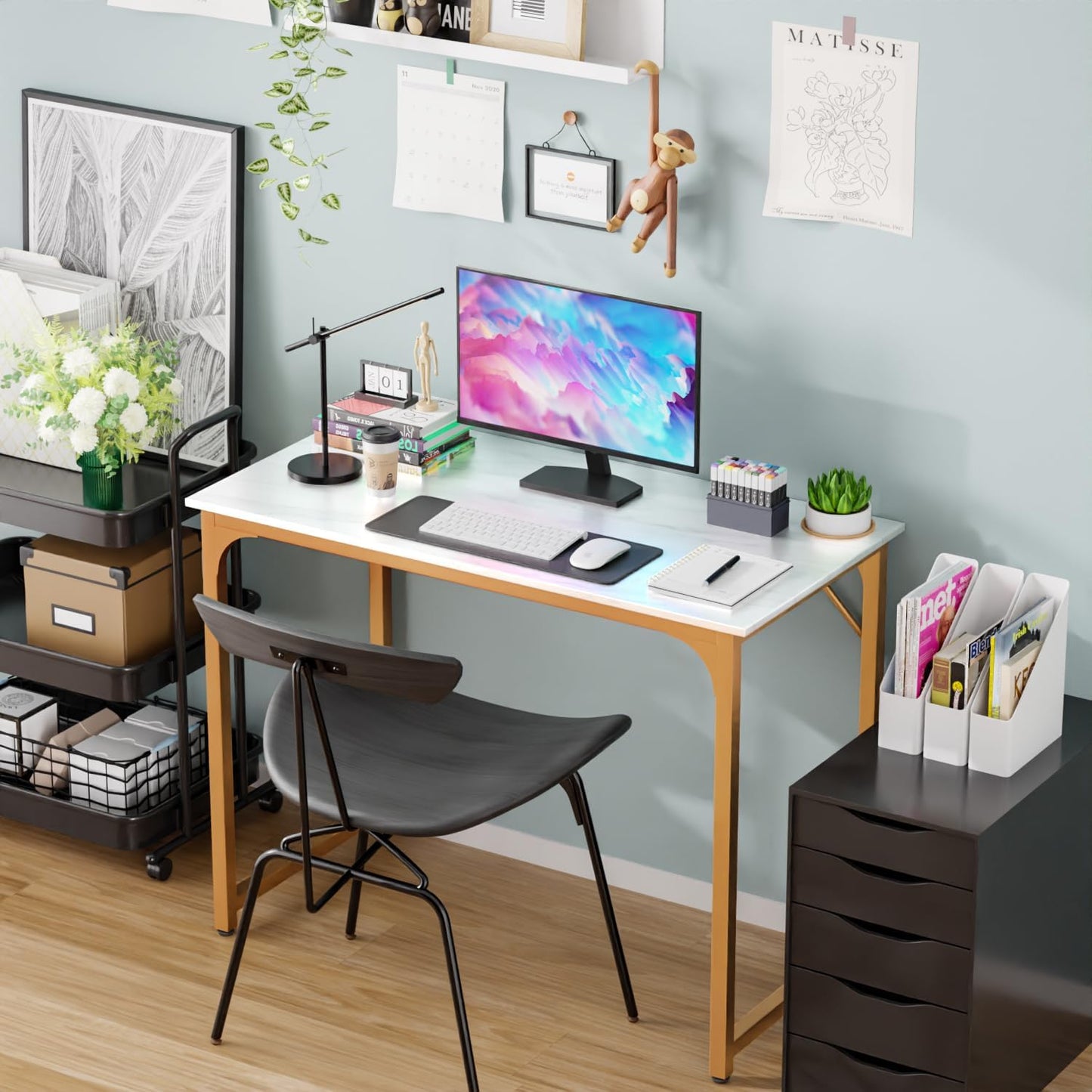 PayLessHere | 39 Inch Computer Desk | White Gold | Office Desk with Metal Frame, Adjustable Feet | Water-Resistant, Scratchproof Surface | Sturdy Writing Table for Home Office or Study | Pack of 1