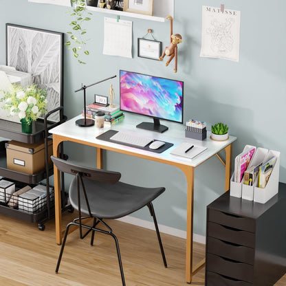 PayLessHere | 39 Inch Computer Desk | White Gold | Office Desk with Metal Frame, Adjustable Feet | Water-Resistant, Scratchproof Surface | Sturdy Writing Table for Home Office or Study | Pack of 1