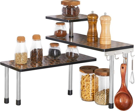 HYNAWIN 3-Tier Countertop Shelf,Desktop Storage and Organization,Bamboo Corner Shelf Over the Table With Printed Pattern-Adjustable Rack with Double Legs for Kitchen,Bed Room, Office