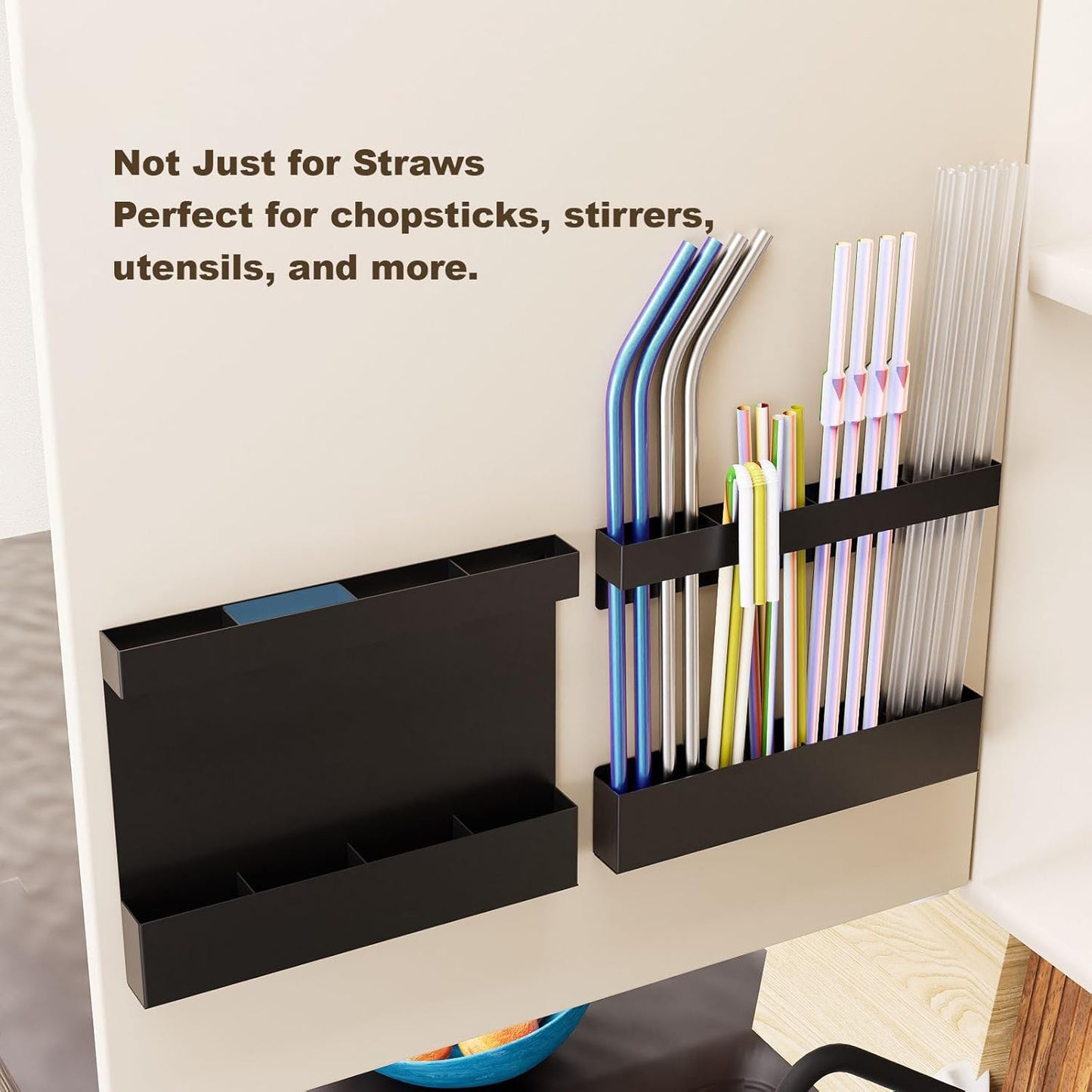 Magnetic & Adhesive Straw Organizer – Carbon Steel Utensil Holder for Reusable Straws, Chopsticks & Stirrers – Wall or Fridge Mount, Space-Saving Black Storage Rack