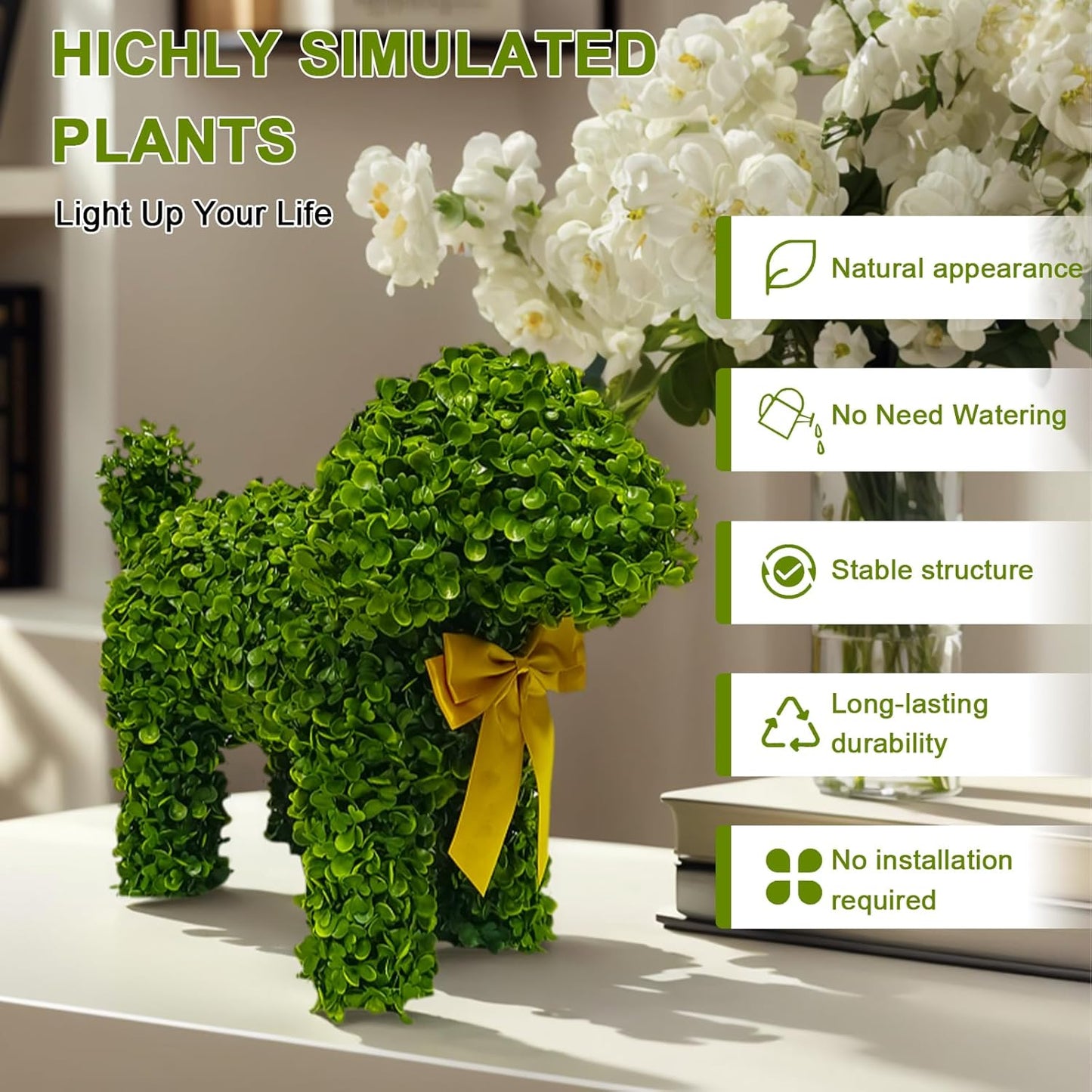 2 Pcs Artificial Bunny Shaped Topiary Trees, Artificial Green Boxwood Bunny Decorations with Gold Bow, Perfect for Indoor & Outdoor Front Porch, Easter& Garden Decor (Boxwood Dog Tree)