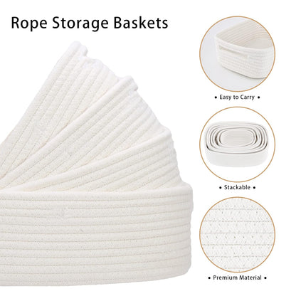 7 Piece Cotton Rope Woven Basket Set - Small Basket for Baby Nursery, Pets, Montessori, Dog & Cat Toy Boxes, Bathroom Organization Bins (White)