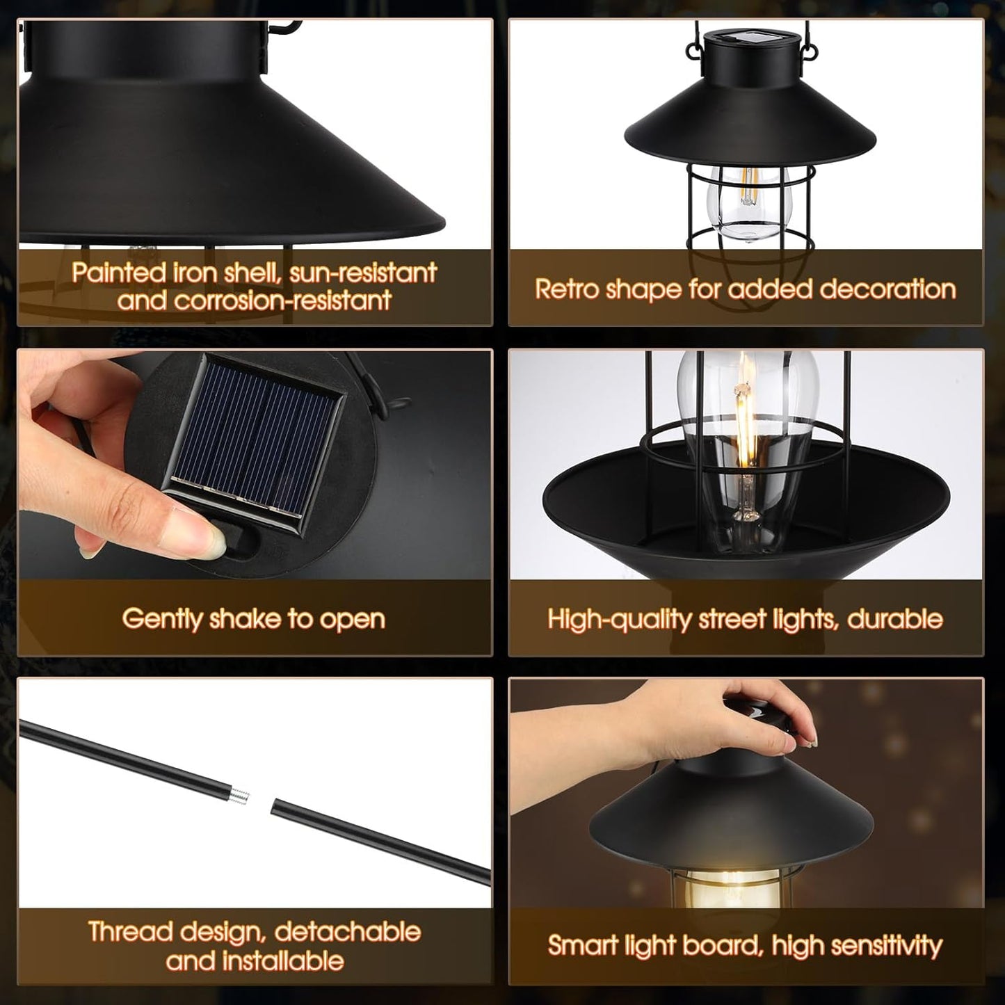 Retisee 4 Pcs Hanging Solar Light 31" Outdoor Solar Lamp Lanterns with Dual Use Shepherd Hook Waterproof Pathway Hanging Lights Metal Garden Lantern for Path Patio Yard Lawn Driveway Markers (Black)