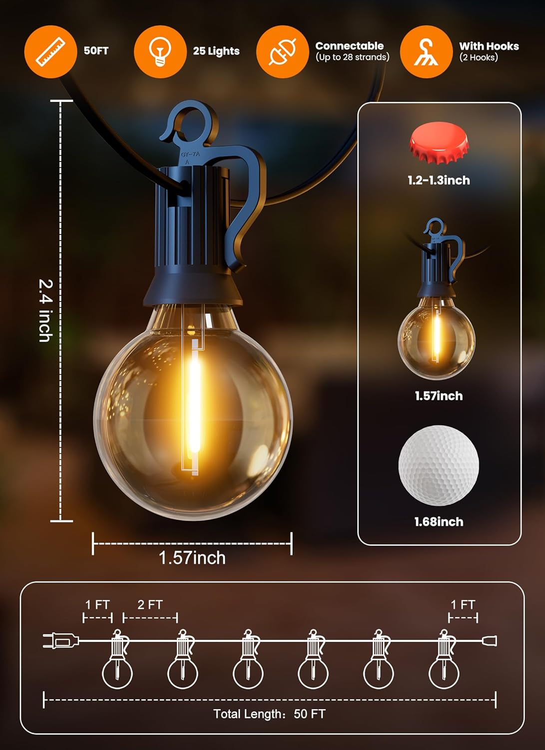 LED Outdoor String Lights, 50FT 25+2 Shatterproof Bulbs Outdoor Patio Lights, IP65 Waterproof Connectable Hanging Outside Light for Backyard, Porch, Deck, Balcony, 2200K