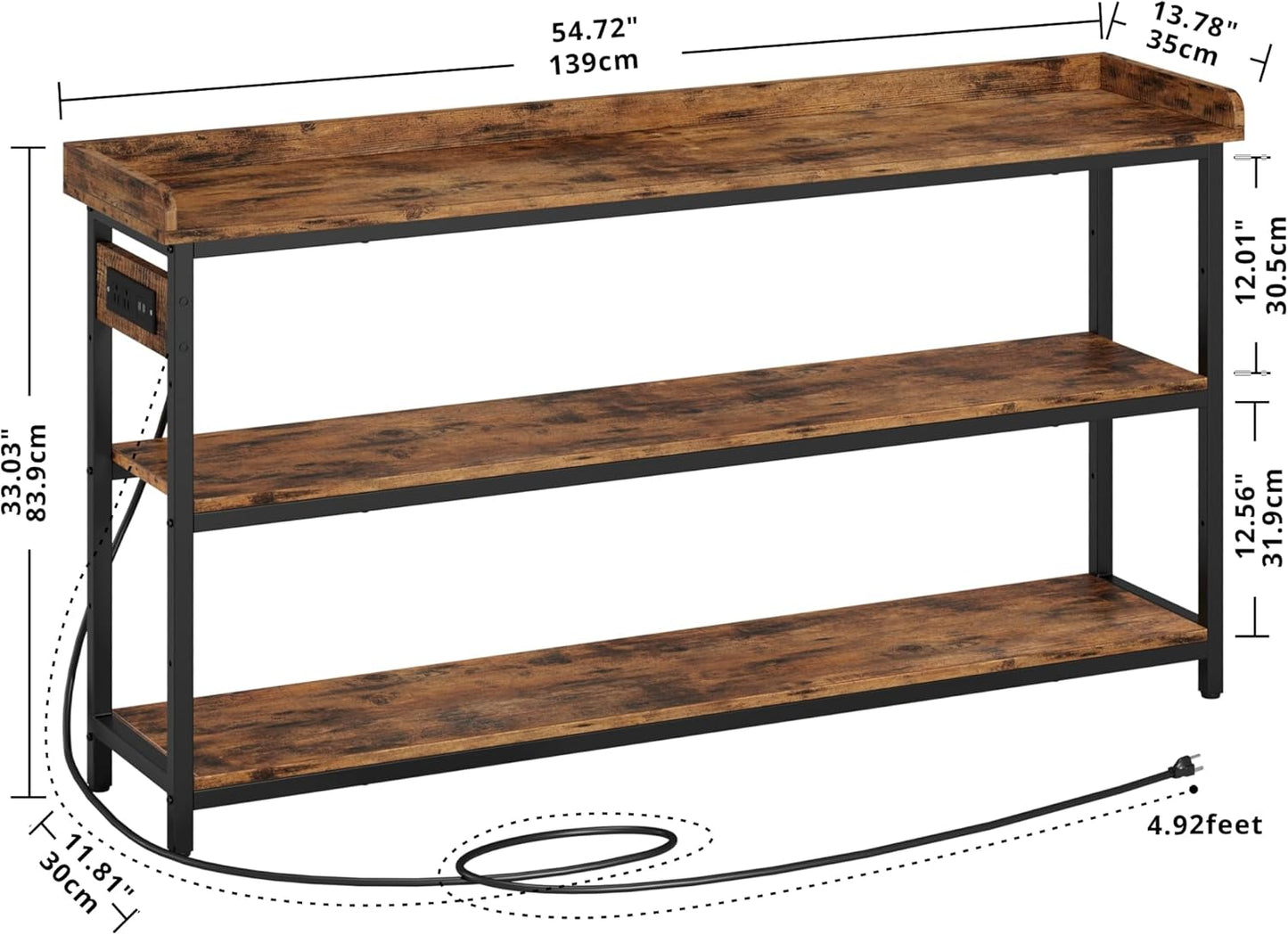 IRONCK Console Table, Sofa Table with Power Outlet, Farmhouse Hallway Table for Entryway, Living Room, Height Adjustable, Easy Assembly, Rustic Brown,55"