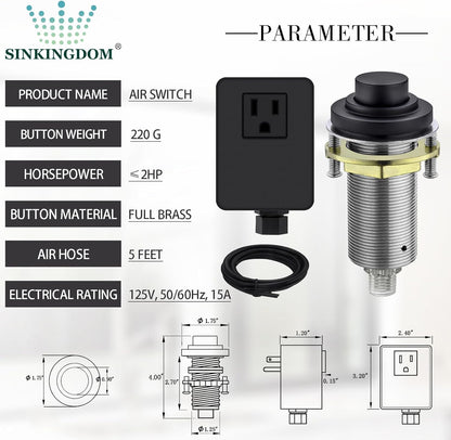SinkTop Air Switch Kit (Long Full Brass Button) for Garbage Disposal, Cordless Matte Black