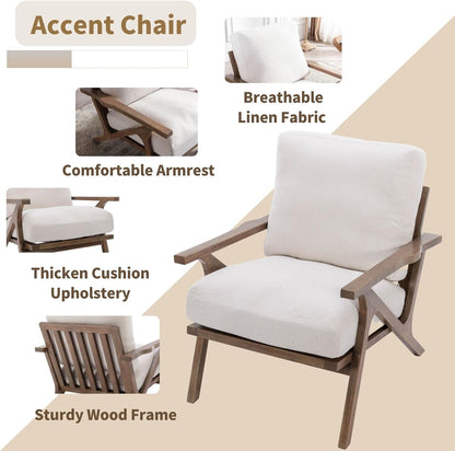 HNY Mid Century Modern Accent Chairs Set of 2, Farmhouse Linen Upholstered Armchair for Living Room, Bedroom, 23'' Seat Wide Retro Leisure Reading Chair Slipper Chair with Wood Frame, White