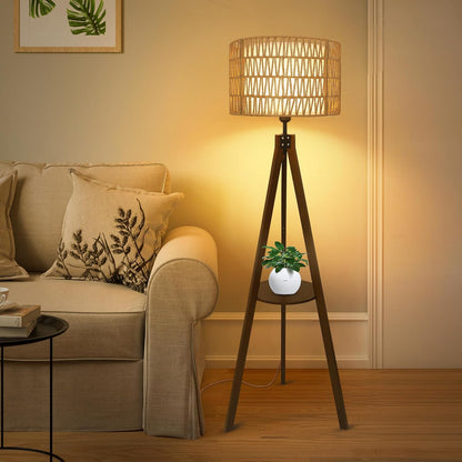 Boho Tripod Floor Lamp with Shelves, Mid Century Wood Standing Lamp with Rattan & Fabric Shades, ON/Off Foot Switch, Modern Farmhouse Tall Floor Lamps for Living Room Bedroom Office