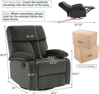 Swivel Rocker Recliner for Adults, Rocking Small Recliner Chair for Small Spaces, Glider-Nursery Rocking Chair for Living Room, RV, Nursery, Bedroom, Grey