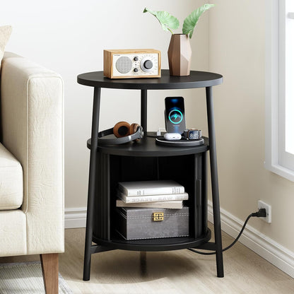 Round Side Table with Storage, Fluted Nightstand with Charging Station, Small Mid-Century Modern Bedside Tables, Black End Tables for Small Space Living Room Bedroom Sofa Couch