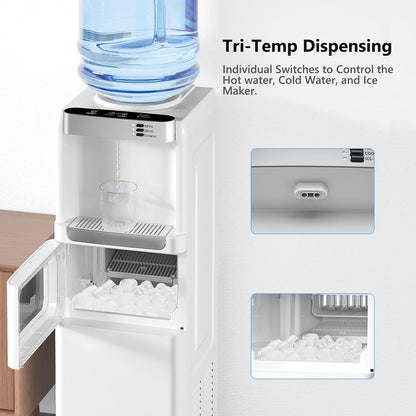 Water Dispenser with Ice Maker Function, Top Loading Hot and Cold Water Cooler for 5 Gallon Bottle - Includes Child Safety Lock - Water Machine for Home, Office, Garage - White