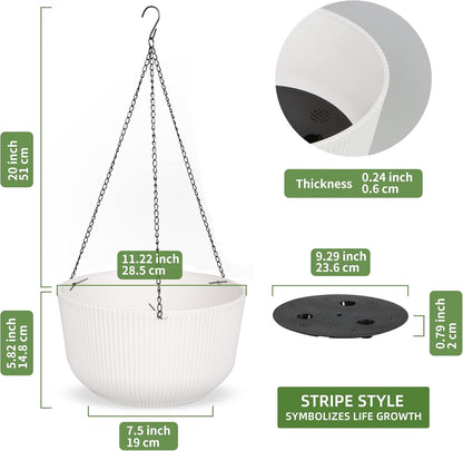 Dexceder 11.2 Inch Self Watering Hanging Planters Indoor Outdoor, Thickened Hanging Basket Flower Plant Pot (2 Pack, White)