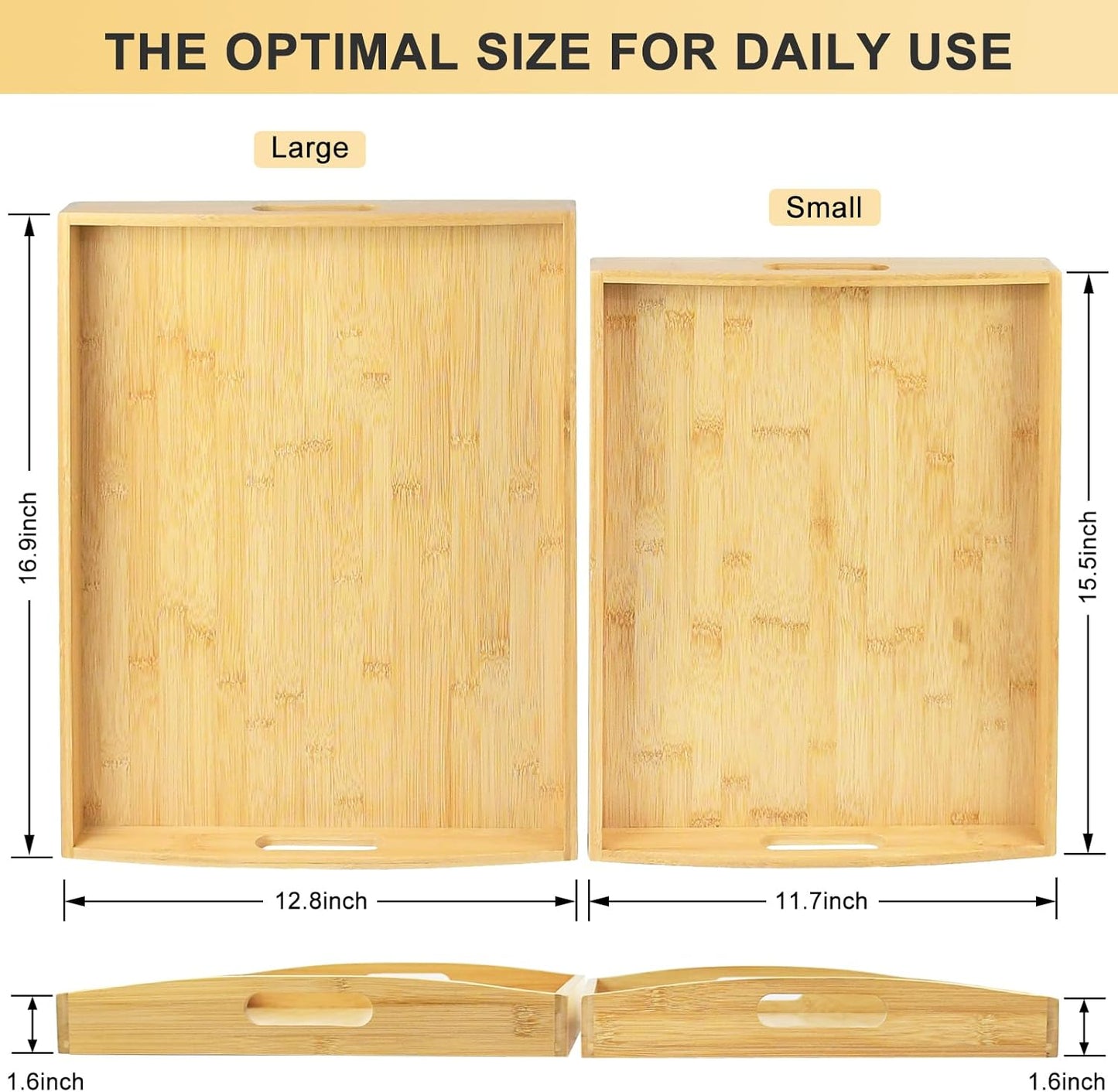 Bamboo Serving Tray Set of 2 Elegant for Coffee, Eating or Decor - Large and Small Rectangle Serving Trays with Handles - Wood Serving Tray Suitable for Home, Kitchen and Outdoor