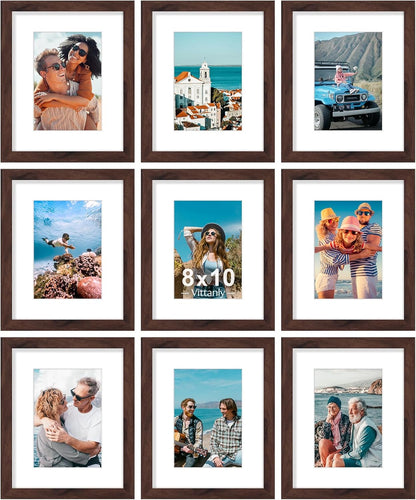 Vittanly 8x10 Picture Frames Set of 9, Shatter Resistant Plexiglass, Display 5x7 Pictures with Mat or 8x10 without Mat, Photo Frames for Wall or Tabletop, Engineered Wood, Walnut