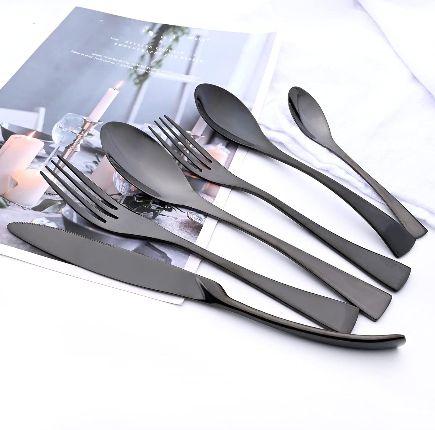 24-Piece Black Flatware, Mirror 18/10 Stainless Steel Modern & Luxury Dinnerware Set With Serrated Steak Knife Teaspoon For Daily Use or Dinner Party Restaurant - Service For 4