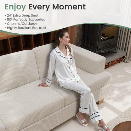 2 Pieces Corduroy Couch Set for Living Room, 5 Seats Cloud Sofa, Deep Seat Floor Couch for Bedroom, Futon Modern Sofa Bed, White Corduroy