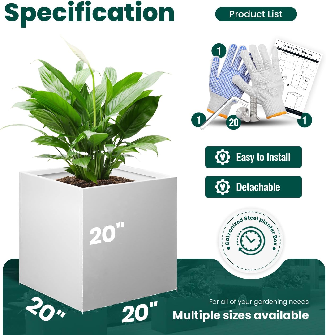 White Outdoor Planter Square Steel Planters Galvanized Steel Planter Box Indoor Metal Large Planters Cube Heavy Duty Flower Pot 20 Inch Modern Commercial Residential for Trees Patio Deck Yard Garden