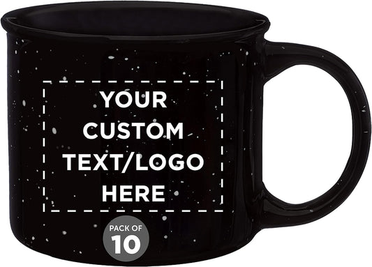 DISCOUNT PROMOS Custom Ceramic Campfire Coffee Mugs 13 oz. Set of 10, Personalized Bulk Pack - Perfect for Tea, Espresso, Cappuccino, Hot Cocoa - Black