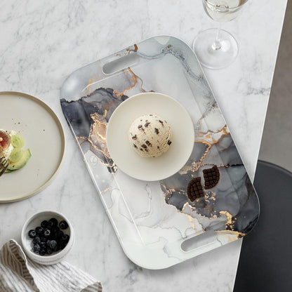 Serving Trays with Handles, 14.5 x 9.8 inch Rectangular Plastic Tray for Restaurant, Kitchen, Gray and Golden Marble
