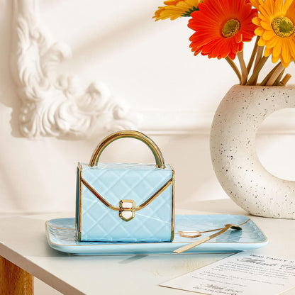 Zubebe 1 Set Coffee Mug Elegant Handbag Shaped Cup Modern Ceramic Purse Mug with Spoon and Saucer, 10oz Cute Creative Tea Cup for Office Home Woman Girls Gift (Blue)