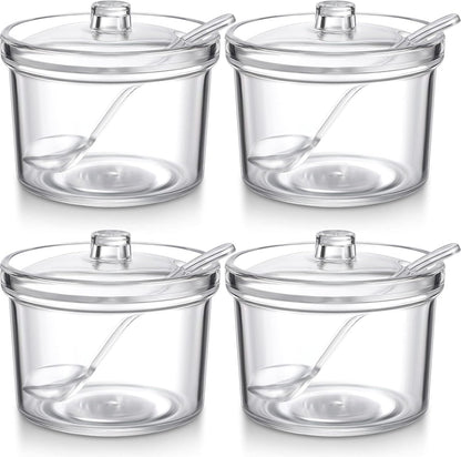 Patelai 4 Pieces Sugar Bowl Acrylic Clear Sugar Bowl with Lid and Salt Spoon Storage Jar with Airtight Lid for Salt, Tea, Spices, Herbs, Condiments(7.1 oz)