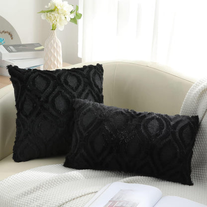 decorUhome Fall Throw Pillow Covers 24x24 Inch Set of 2, Soft Plush Decorative Faux Fur Black Solid Couch Pillow Covers, Accent Farmhouse Neutral Square Euro Pillow Cases for Sofa Bed Living Room