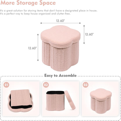 B FSOBEIIALEO Storage Ottoman Cube, Flowers Shaped Ottomans with Storage Foot Stool Footrest for Lving Room, Boucle Ottoman Seat for Dorm Room,Faux Teddy Fur, Pink 12.6"x12.6"x12.6"