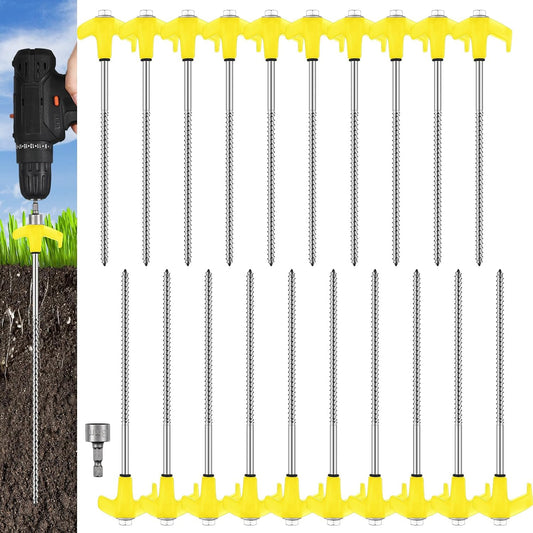 Hicarer 20 Pcs 20 Pcs 8'' Screw in Tent Stakes Heavy Duty Ground Metal Stakes for Inflatables with Hex Head Driver for Outdoor Camping Tent Inflatable Garden Decor (Yellow)