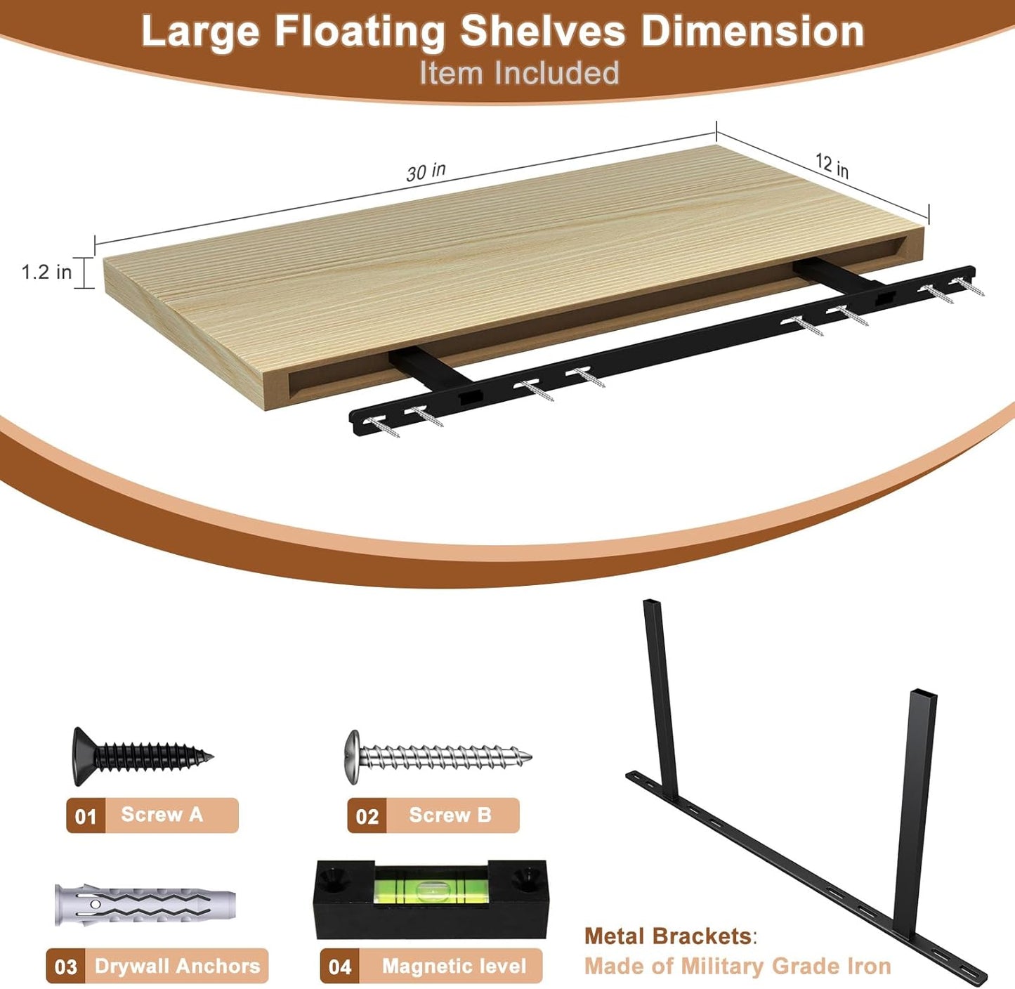 12 Inch Deep Floating Shelves for Wall 1 Pack Floating Shelves Large Storage Space Wall Mount Shelf for Living Room Kitchen Bathroom 30" W x 12" D x 1.2" H Oak