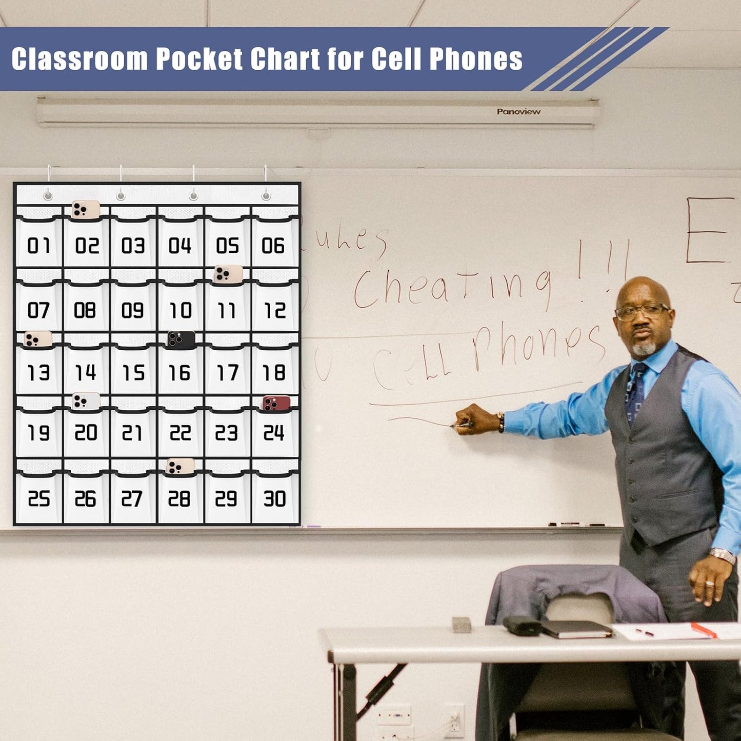 Loghot Classroom Accessories Closet Pocket Chart for Cell Phones Holder Wall Door Hanging Organizer (30 Pockets White)