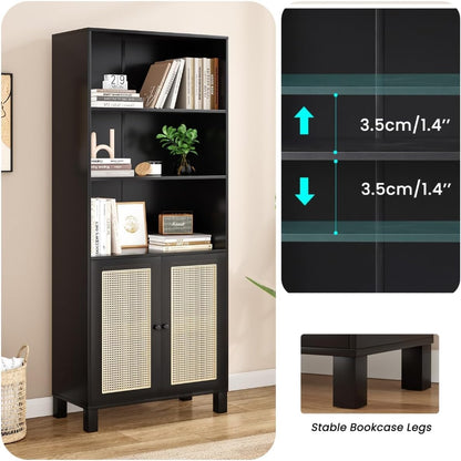Tall Bookshelf, 5-Tier Book Shelf with 2 Rattan Doors, Freestanding Bookcase Display Shelves with Large Storage, Book Case for Living Room, Office, Study, Bedroom, 70.9 Inch