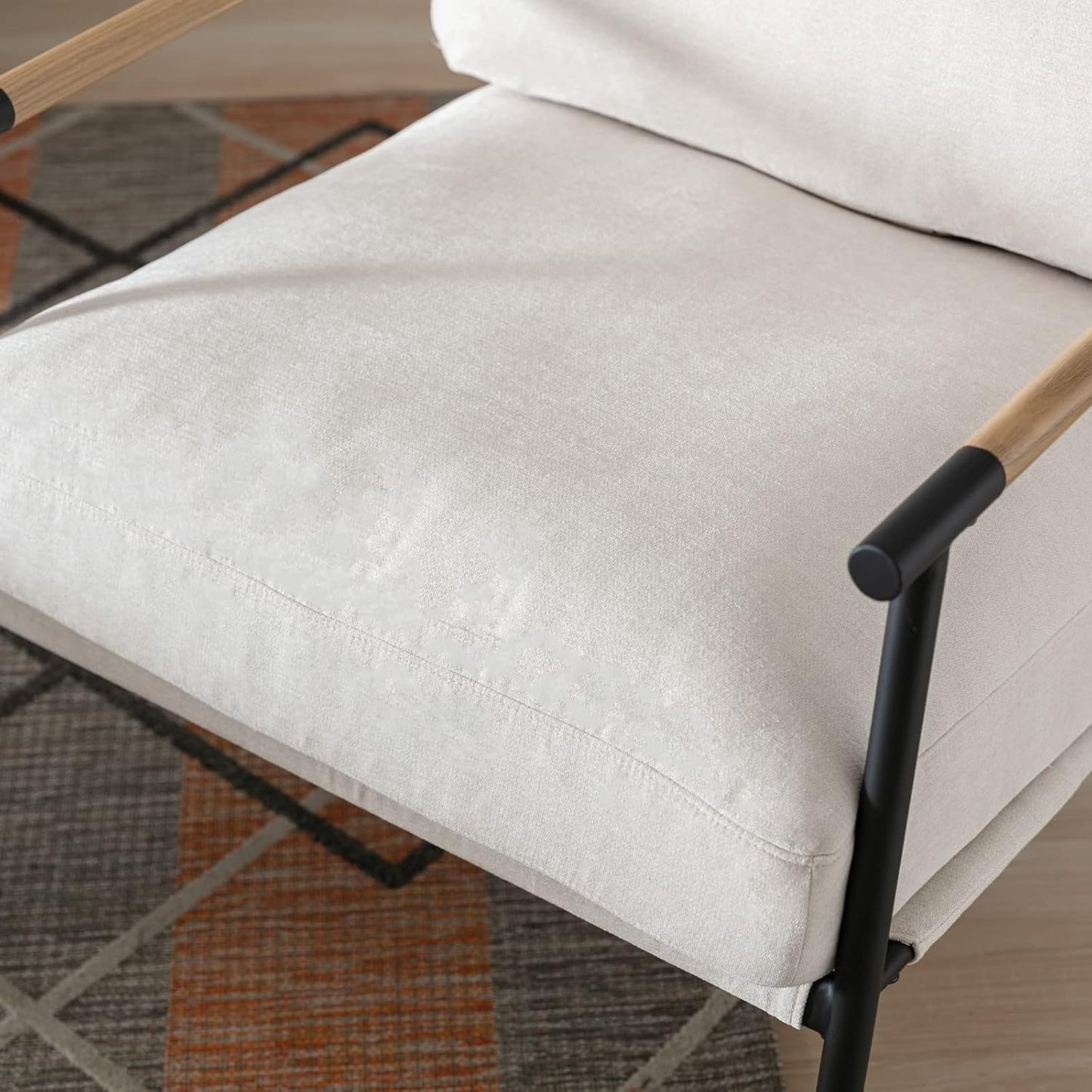 Mid-Century Accent Chair Set of 2, Soft Armchair Chenille Fabric Lounge Chair with Black Metal Legs, Upholstered Leisure Chair for Living Room Bedroom Reception Room, Beige