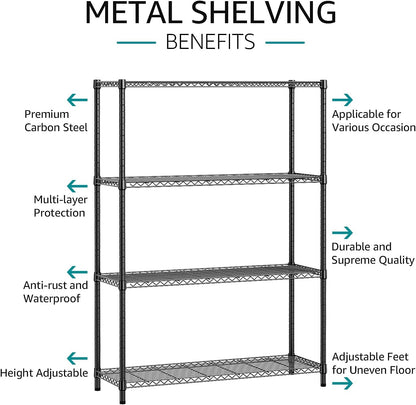 IZEUK 1400 LBS Garage Black Shelving Wide Storage Shelves 4 Tier Adjustable Heavy Duty Metal Wire Rack Standing Shelf Unit for Kitchen Office College Dorm Garage Warehouse 15.8" x 45.8"x 59.4"