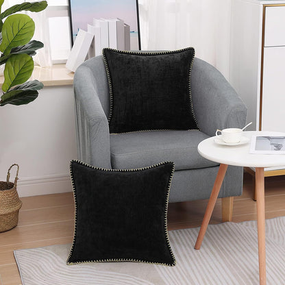decorUhome Chenille Soft Throw Pillow Covers 20x20 Set of 2, Farmhouse Velvet Neutral Decorative Euro Pillow Covers with Stitched Edge for Couch Sofa Bed Home Decor, Black