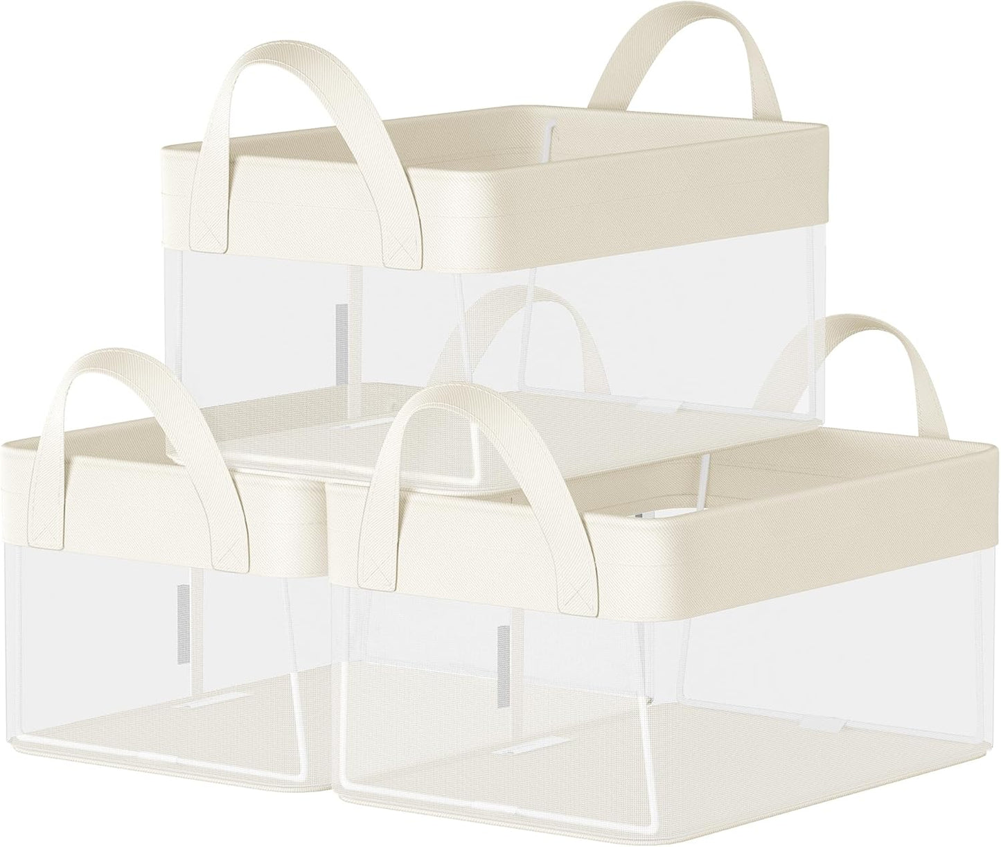 SONGMICS Storage Bins Set of 3, Small Fabric Storage Baskets, Foldable Organizer with Transparent Nylon Mesh, 11.8 x 7.9 x 5.9 Inches, Handles, for Bathroom, Kitchen, Cream White URFB915W01