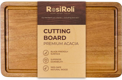 Acacia Wood Cutting Board for Kitchen - 0.8 inch Thick Wood Charcuterie Cheese Board with Side Handles and Juice Grooves, Wooden Chopping Block for Meat and Veggies, 11.5x7 inch