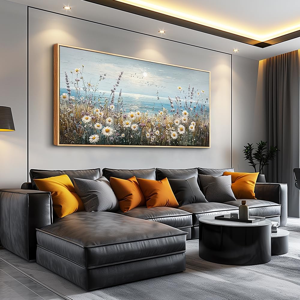 PHAOHUAXM Large Canvas Printing Artworks Mural Wall Decor For Living Room Wall Art For Bedroom Office Decor Blue Ocean Paintings Flowers Watercolour Wall Pictures Home Decor Wood Framed 30x60 In