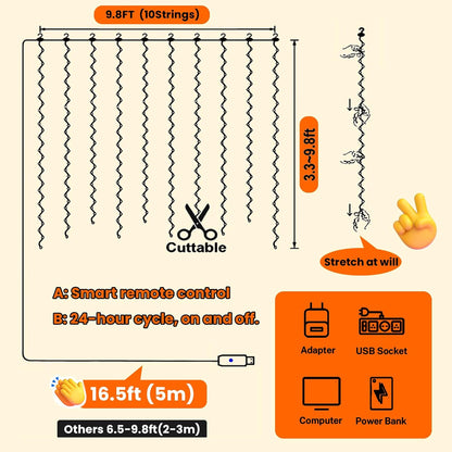 HXWEIYE 300LED Orange Fairy Curtain Lights with Remote 8 Modes Timer for Bedroom, 9.8x9.8Ft USB Plug in Christmas Fairy String Hanging Lights for Fall, Halloween, Weddings, Party, Wall, Decorations