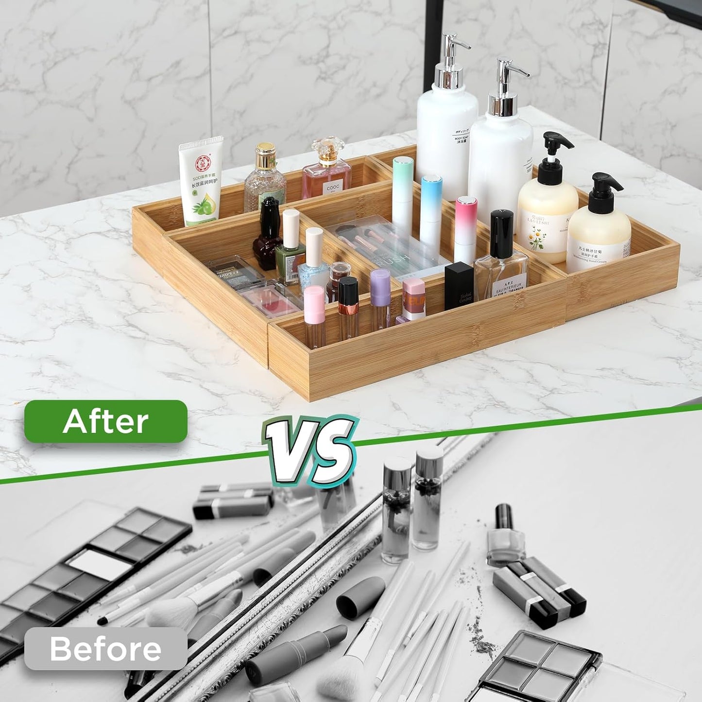 Bamboo Drawer Organizer, 2PCS Stackable Storage Boxes for Utensil Organizer, Wood Tray for kitchen, Bathroom and Bedroom 9" x 6" x 2"