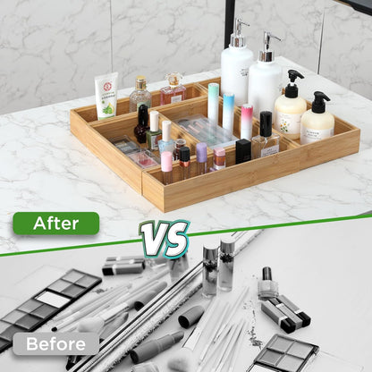 Bamboo Drawer Organizer, 2PCS Stackable Storage Boxes for Utensil Organizer, Wood Tray for kitchen, Bathroom and Bedroom 9" x 6" x 2"