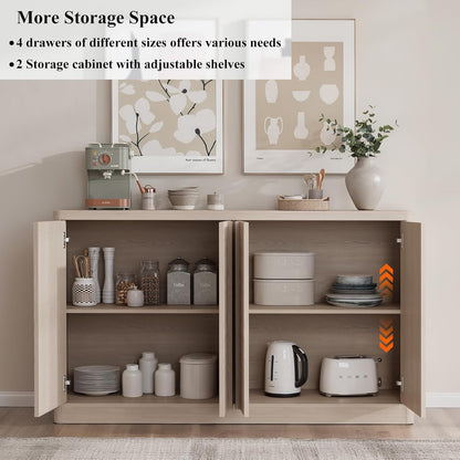 Fluted Buffet Cabinet with Storage, 120" Sideboard Buffet Storage Cabinet with 8 Doors & Solid Wood Handle, Coffee Bar Wood Credenza Cabinet for Kitchen, Dining Room, Living Room, Natural Oak(2PCS)