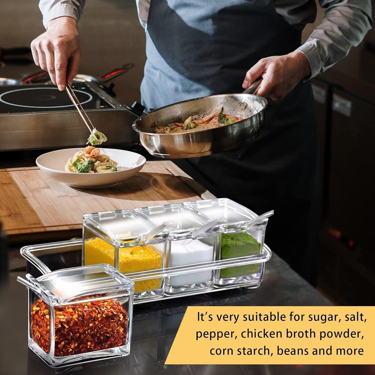 4-Cell Clear Seasoning Rack Spice Box, Storage Container Condiment Jars Acrylic Seasoning Box with Cover and Spoon (Basic Clear)