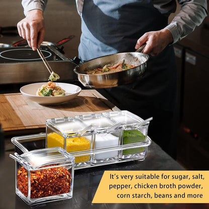 4-Cell Clear Seasoning Rack Spice Box, Storage Container Condiment Jars Acrylic Seasoning Box with Cover and Spoon (Basic Clear)