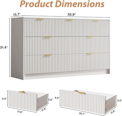 White 7 Drawer Dresser for Bedroom, Modern Fluted Dresser with Gold Metal Handles, Wide Chest of Drawers for Bedroom,Living Room, Entryway, Hallway, 55.9" L x 15.7" D x 31.4" H