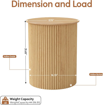 AVZEAR Fluted Round Side Table, Small End Table Modern Boho Nightstands, Circle Bedside Tables Bohemian Accent Table Wood Night Stand for Small Spaces, Living Room, Bedroom(Natural)