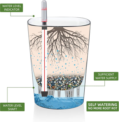 Dexceder 6x7 Self Watering Planter Indoor Outdoor, High Gloss Table Flower Plant Pot with Water Level Indicator (Black)