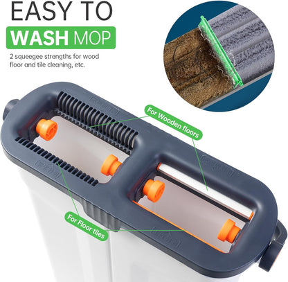 Mop and Bucket Set with Wringer for Home, 360° Flat Squeeze Mop with Long Handle and 6 Microfiber Cloths for Floor Cleaning (White+Blue, Slim Bucket and 15.7'' Aluminum Alloy Mop Head)