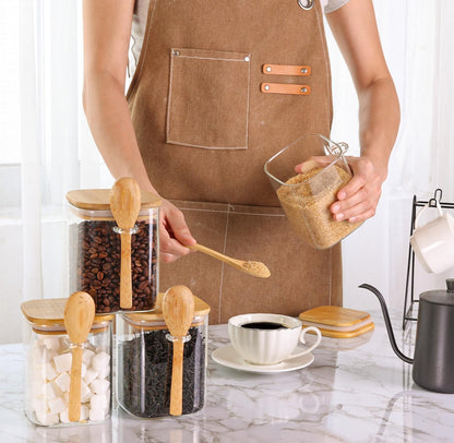 ComSaf 0.8 Qt Glass Jars with Bamboo Lids & Spoons Set of 4, Square Glass Containers with Lids, Sugar Coffee Containers Salt Spice Jars, Pantry Storage Container for Loose Tea, Candy, Brown Sugar, Nut