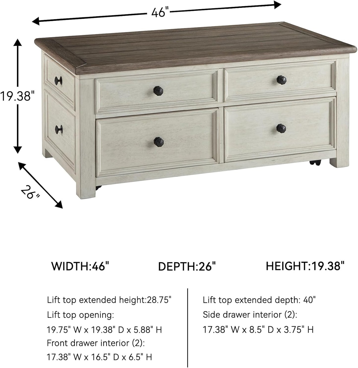 Signature Design by Ashley Bolanburg Farmhouse Lift Top Coffee Table with Drawers, Antique Cream & Brown